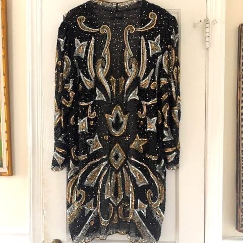 Judith Ann Plus Vintage Sequin Bead Embellished Silk Duster Artsy Festive Season